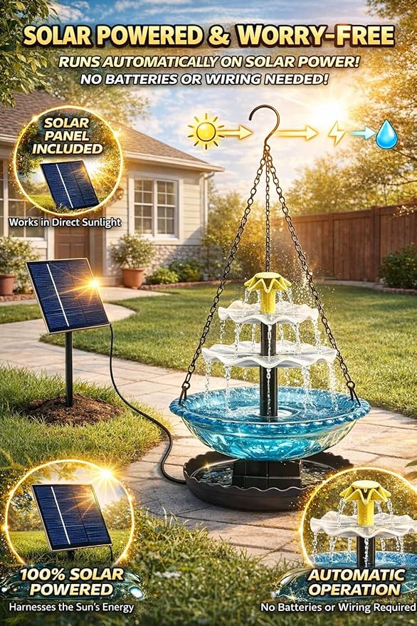 Solar Cascade Hanging Bird Bath Fountain, 2026 New Outdoor Hanging Bird Bath with Solar Fountain, Large Humming Birds Baths Fountains, with Solars Pump & Glass Bowl, for Outdoor, Gardens (#3)