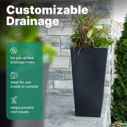 Step2 Tremont Tall Square Tapered Planter, 28", Indoor/Outdoor Plants, Efficient Drainage, Durable Resin, Onyx Black