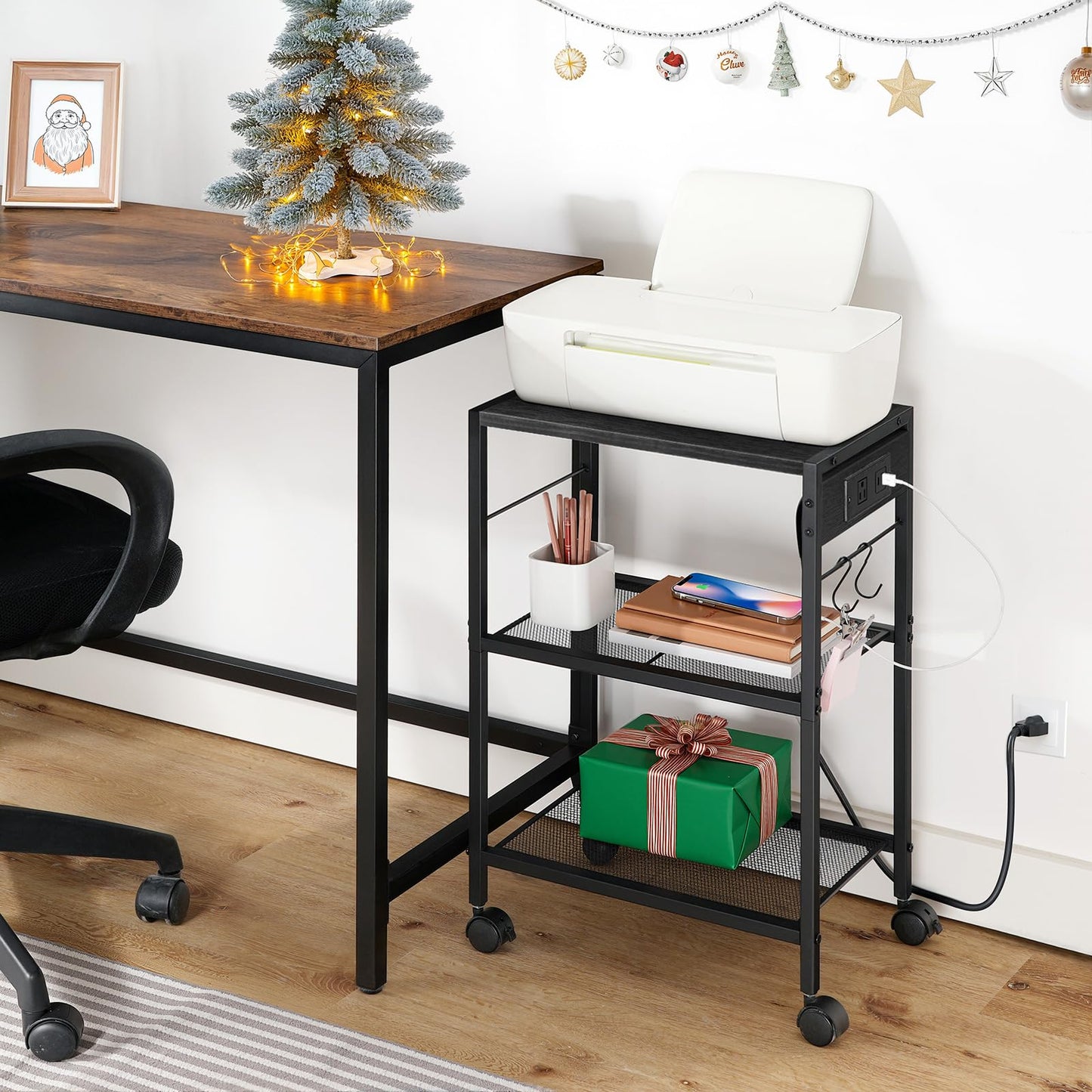 HOOBRO Industrial Printer Stand, 3-Tier Mobile Printer Table, Rolling Cart with Power Outlets and USB Ports, Home Printer Stand with 2 Hooks, for Office, Living Room, Black BB22UPS01