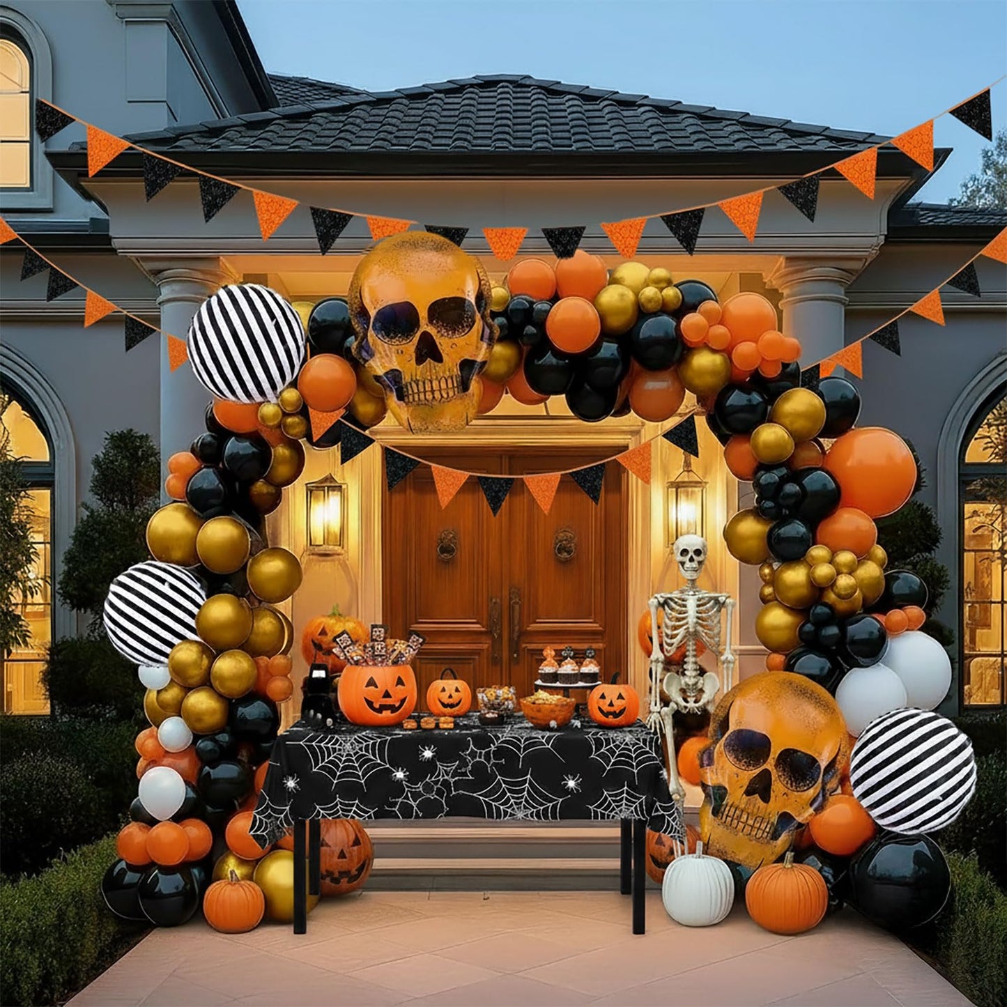 Halloween balloons arch kit Orange Black balloons skull stripe balloons & maple leaves spiderwebs for Fall adult horror halloween Birthday Spooky Theme Festival rick or Treat game Decorations