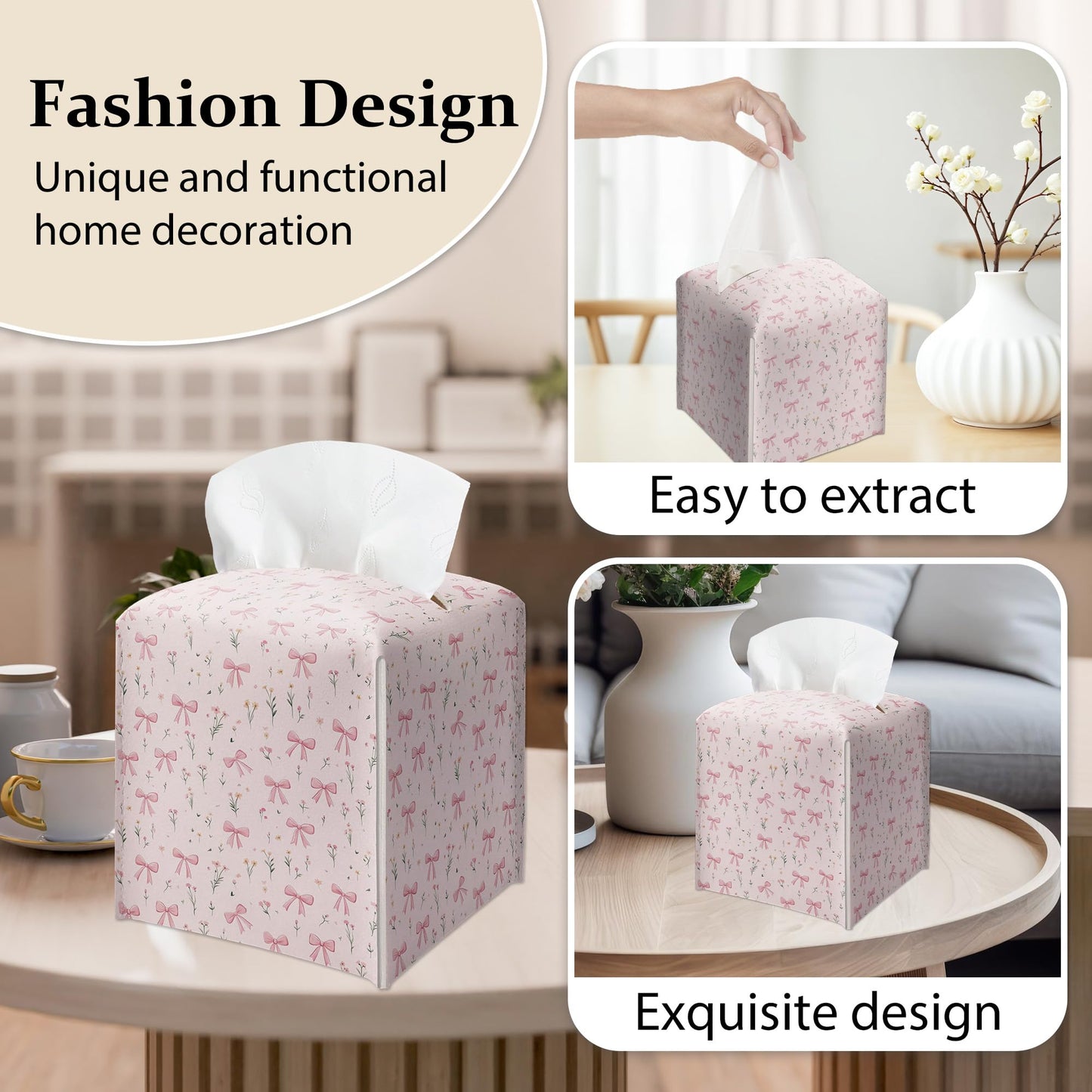 Pink Bows With Ditsy Flowers Tissue Box Cover, Girly Cute Floral Prints Tissue Box Cover Square-Waterproof Leather, Desktop Decor for Kitchen, Bathroom, Nightstand, Office, Gift for Women & Friend-A24