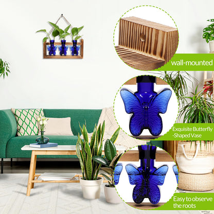 Glass Plant Propagation Station Butterfly Planter Vase with Wooden Stand Birthday Gifts for Women Mom Plant Lovers Office Home Decoration