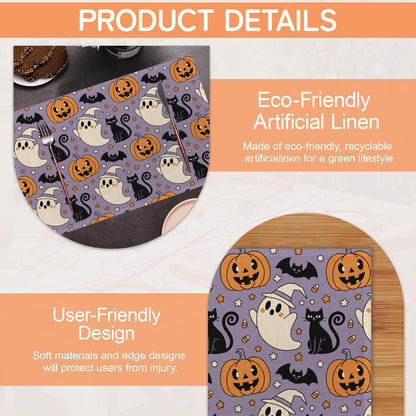 Halloween Ghosts Pumpkins Table Mats Set of 6,Black Cats Non-Slip Washable Placemats for Restaurant Home Kitchen Dinner Table 12x18Inch