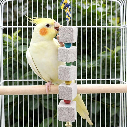 2 Pack Mineral Block Chew Toys with Colorful Beads and a Bell, Bird Beak Grinding Stone, Cage Accessories for African Grey, Budgies, Cockatiels, Small to Medium Birds