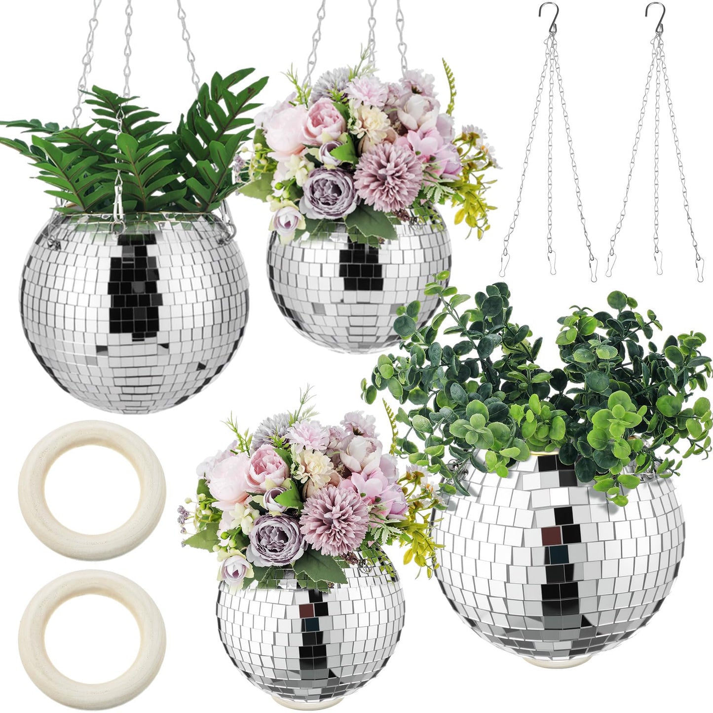 Romooa 4 Pcs 6/8 Disco Ball Planter Hanging Disco Ball Plant Hanger with Chain Hook and Ring Stand, Mirror Flower Pot for Indoor and Outdoor Plants 70s 80s Party Room Decorations, Sliver