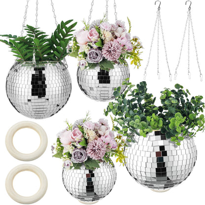 Romooa 4 Pcs 6/8 Disco Ball Planter Hanging Disco Ball Plant Hanger with Chain Hook and Ring Stand, Mirror Flower Pot for Indoor and Outdoor Plants 70s 80s Party Room Decorations, Sliver