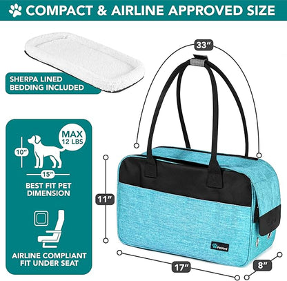 PetAmi Dog Purse Carrier for Small Dogs, Airline Approved Soft Sided Pet Carrier with Pockets, Ventilated Dog Carrying Bag for Puppy Cat, Dog Travel Supplies Bag, Sherpa Bed, Max 12 lbs, Teal Blue