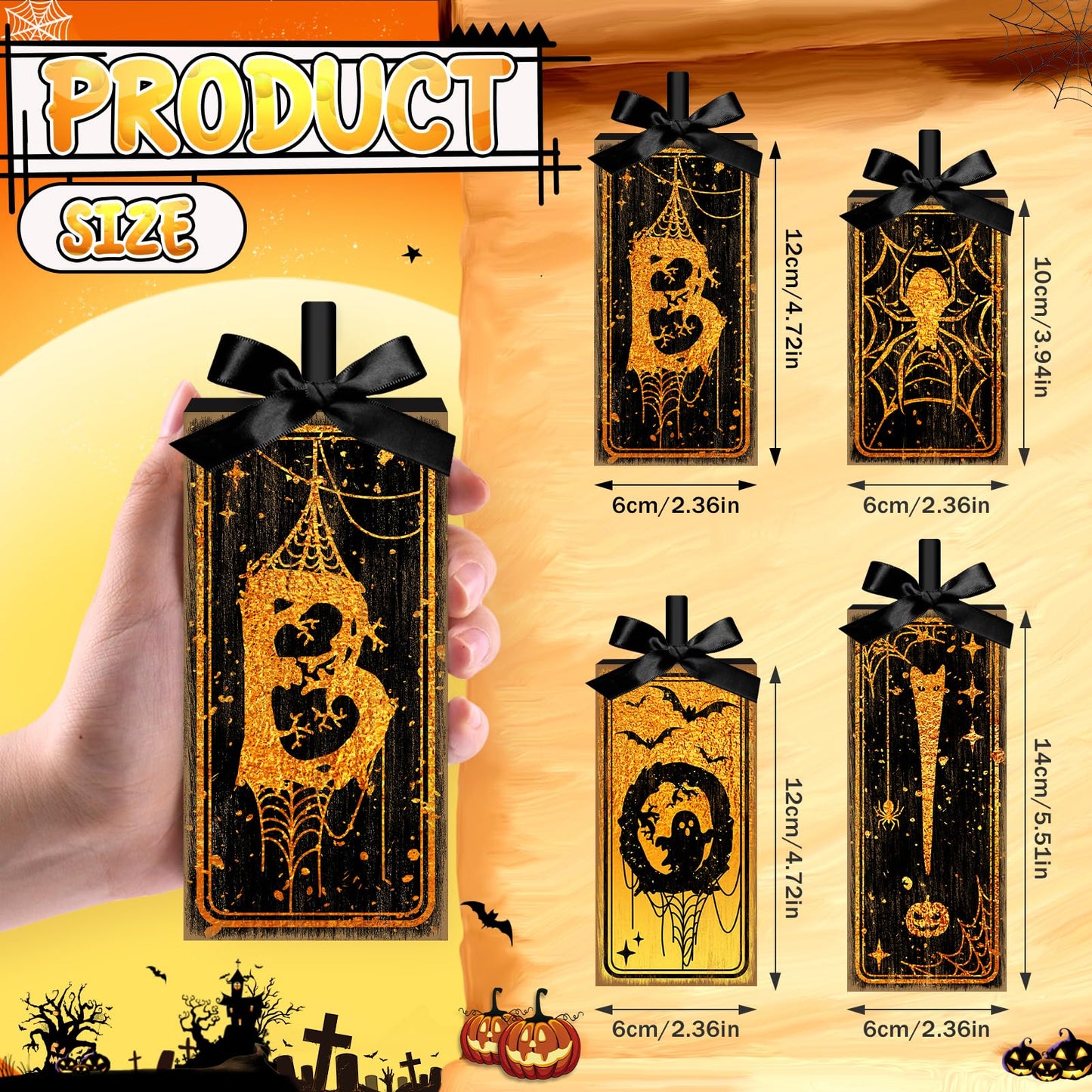 4 Pcs Boo Halloween Sign Wooden Tiered Tray Decor, Spider Ghost Black and Gold Table Decor Farmhouse Rustic Halloween Decorations Party Tabletop Centerpieces for Home Kitchen Indoor Mantel