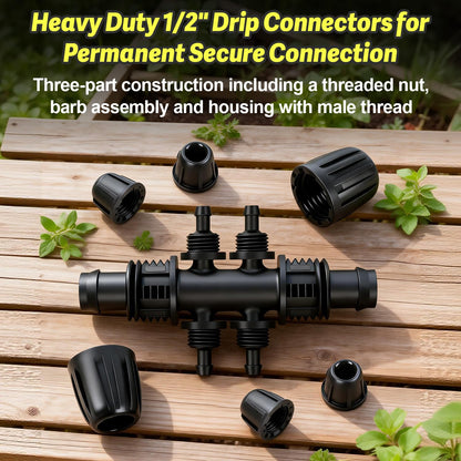 Copadri 12 Pcs 1/2 Inch To 1/4 Inch Irrigation Tubing Fittings, 1/2"(1/2" ID x 0.65" OD) To 1/4" Drip Barbed Tee Adapter 16mm Anti-Drop Locked Nut T Reducer To 1/4" Distribution Line Connector