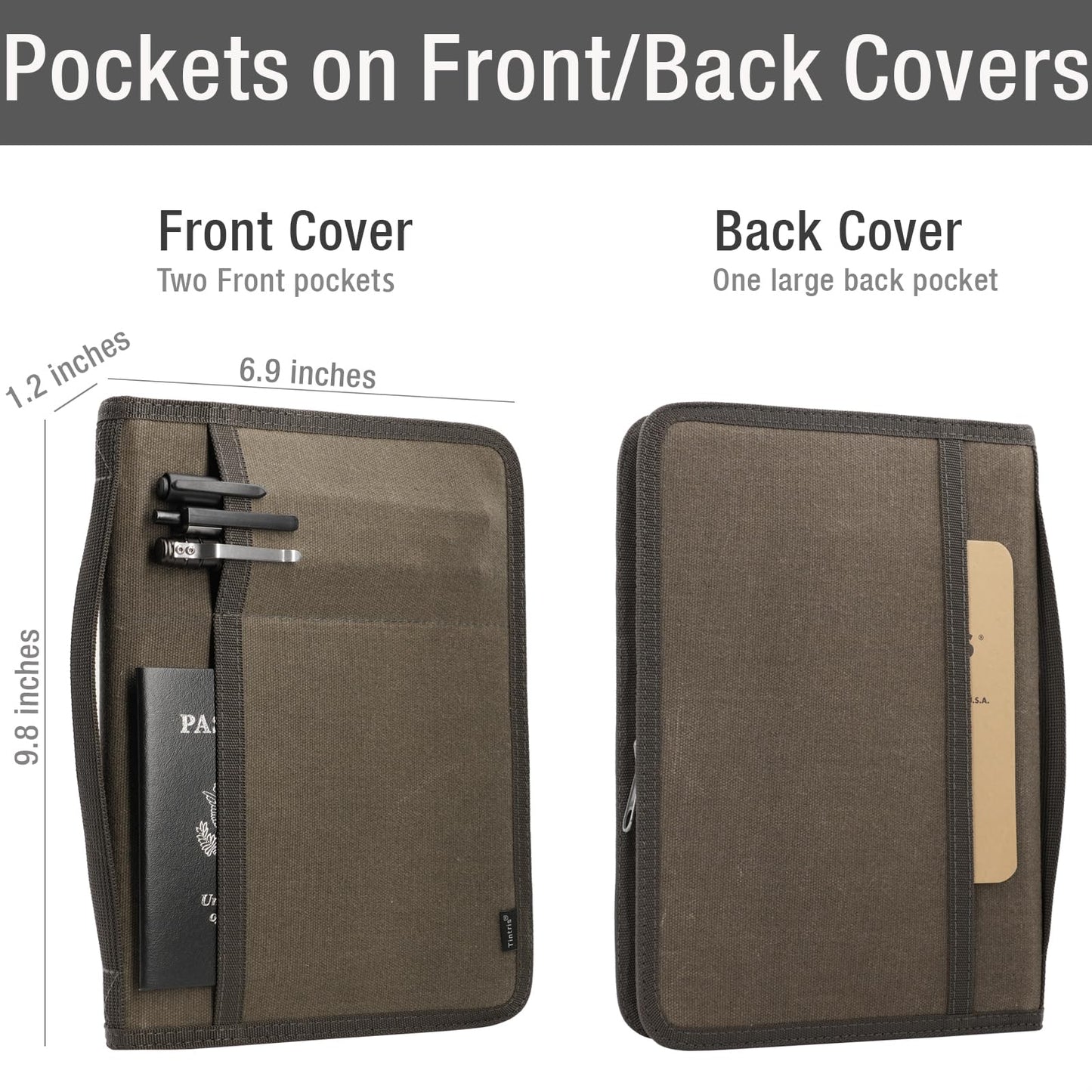 Tintris A5 YKK Zipper Journal Cover for 5.5 x 8.25 Moleskine Cahier Notebook Sketchbook, Classy Waxed Canvas Cover for A5 Planner with Pen Holder, also for 5 x 8 Legal pads, Water Resistant, Olive