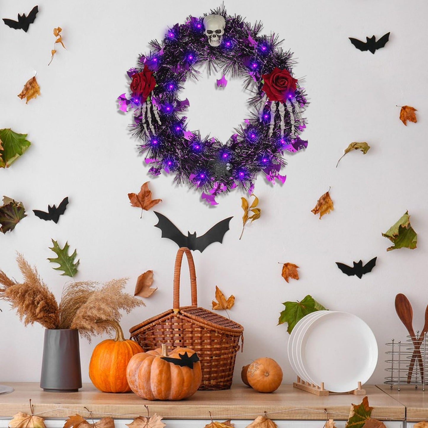Halloween Wreath for Front Door with Lights,13 Inch Skull Wreath Halloween Decorations for Indoor Window Party Holiday Wall Home Decor (Rose and Skull)