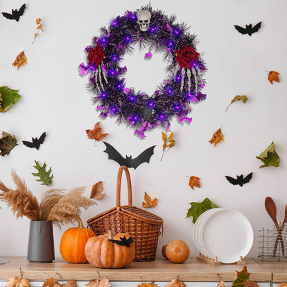 Halloween Wreath for Front Door with Lights,13 Inch Skull Wreath Halloween Decorations for Indoor Window Party Holiday Wall Home Decor (Rose and Skull)