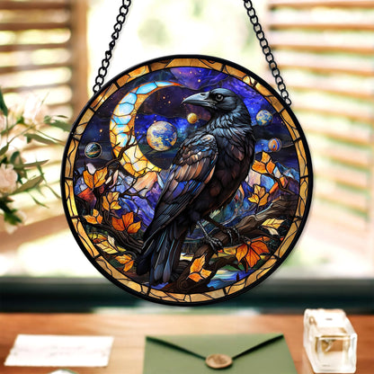 FIVITY 7.8'' Dark Crow Suncatcher Stained Glass Window Hanging Creepy Raven Ornament Wall Home Room Kitchen Decor Gothic Sun Catcher Gifts for Teens Adults Birthday Halloween Christmas Fall Holiday