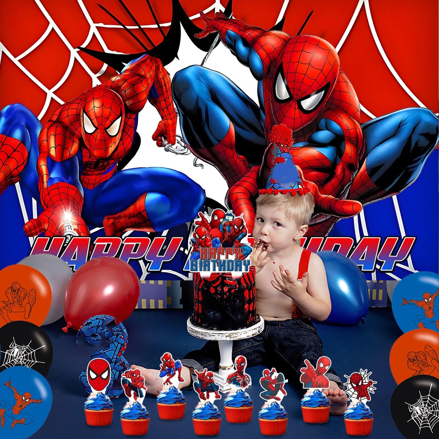 Spider Web Birthday Decorations Include Latex Balloon,Cupcake Topper, Happy Birthday Balloons,Backdrop Set for Boys Kids Cartoon Party Supplies