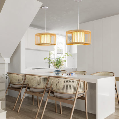Karjearl Boho Rattan Pendant Lights, 15.8" Coastal Drum Wicker Hanging Light Japanese Country Light for Dining Room Kitchen Living Room Bedroom, 1-Light E26 Base