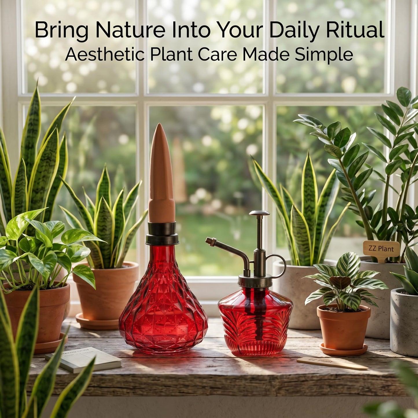 Glass Mini Watering Can Vintage Plant Mister Flower Water Spray Bottle and Faceted Glass Plant Watering Globe with Terracotta Spike,Red