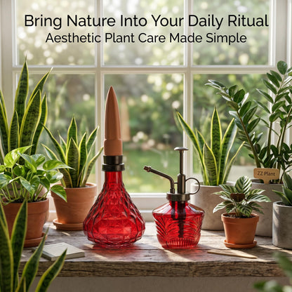 Glass Mini Watering Can Vintage Plant Mister Flower Water Spray Bottle and Faceted Glass Plant Watering Globe with Terracotta Spike,Red