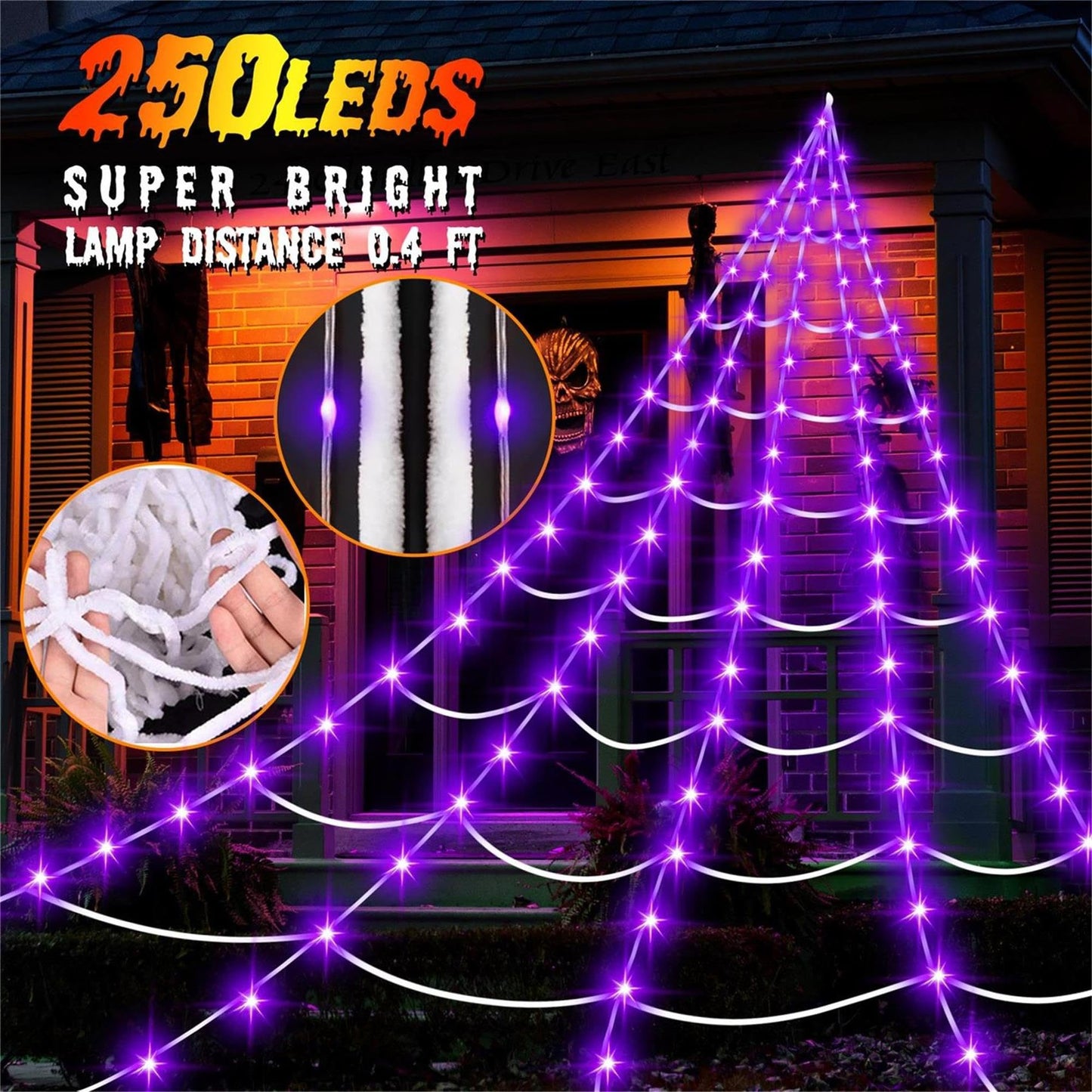 uesreaxy Halloween Decorations Outdoor, 250LED 23x18 FT Giant Spider Web with Purple Lights, Lighted Triangular Black Spider Web with Sturdy Wire, Waterproof, Timer, 8 Modes for Yard Halloween Décor