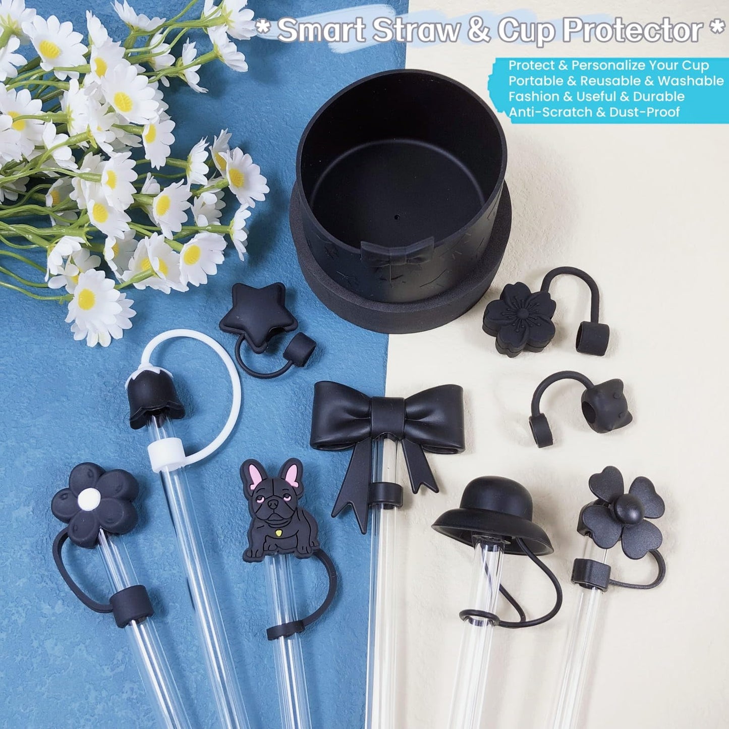 SCRMROIA 10 Packs 3D Mixed Straw Toppers & Bow Cup Boot Set, Compatible with Stanley Cup 30&40 Oz, Soft Silicone Accessories, Covers Fit 0.4in/10mm Straw, Dust Proof Anti-Scratch (Black Series)
