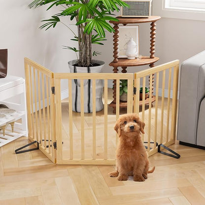 Semiocthome Bamboo Freestanding Dog Gates for Doorways, 3-Panel Indoor Puppy Gates for The House with 2 Metal Stands, 24"(H) Folding Pet Gate for Stairs Expands Up to 55"(W) No Installation Resquired