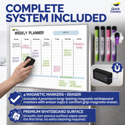 Magnetic Weekly Planner for Fridge - 17x12” Stain-Resistant Dry Erase Whiteboard Fridge Calendar with Large Writing Space for Schedules, Chores & Meals - Includes 4 Markers & Eraser