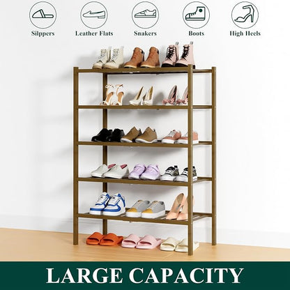 Smiry Bamboo Shoe Rack, 5 Tier Free Standing Wooden Shoe Organizer, Stackable Wood Shoe Storage Shelf for Closet, Entryway, 14 Vertical Slats, 2+2+1 Stack Heavy-Duty Legs, 26.8"x11"x32.5", Walnut