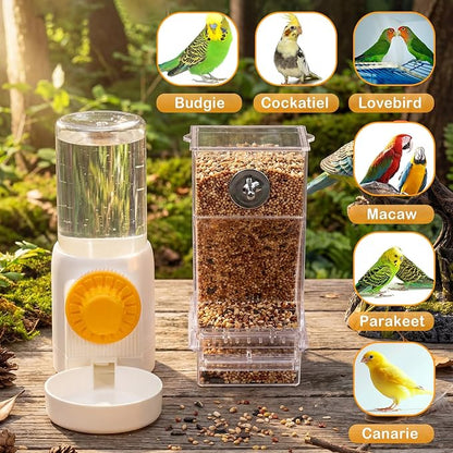 Jingmore 4 Pcs No Mess Small Bird Feeder Parakeet Water Dispenser Set Automatic Clear Parakeet Feeder Acrylic Watered Cage Accessories for Canary Budgie Lovebirds Finches(White)