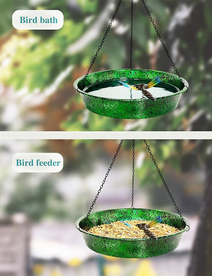 Hanging Bird Bath for Outside, 11.5” Metallic Green & Blue Metal Birdbath Bowl & Feeder with Black Chain Outdoor Garden Yard Decor