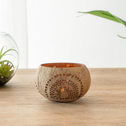 Restaurantware - Coco Casa 4 x 3.3 Inch Coconut Shell Candle Holders, 1 Reusable Tealight Candle Holders - Candle Not Included, Geometric Pattern, Tan Coconut Bowls for Candles, Handcrafted