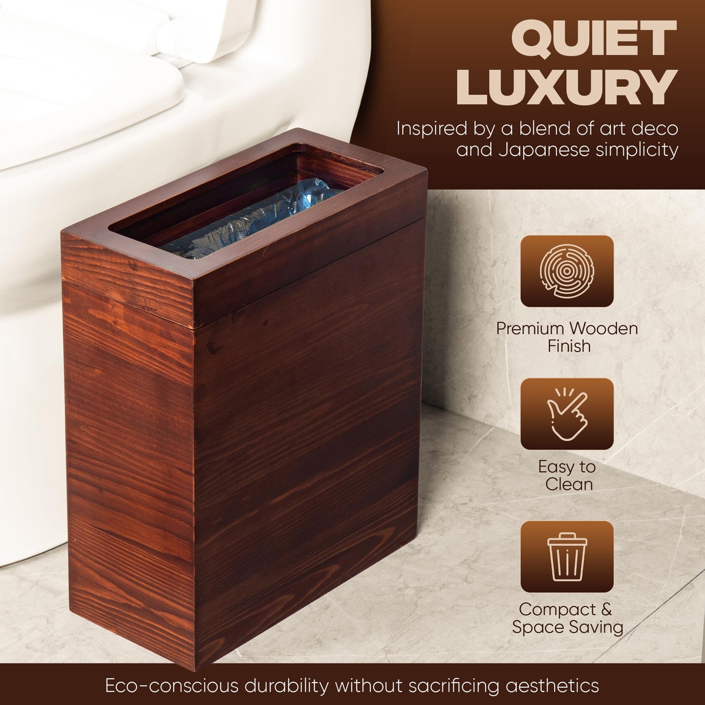 pamoak 2.3 Gallons Rectangular Wooden Trash Can | Trash Can with Bin Liners | Decorative Waste Basket | Recycling Bin for Bathroom | Natural Wood Finish Basket for Kitchen | Paper Basket for Office