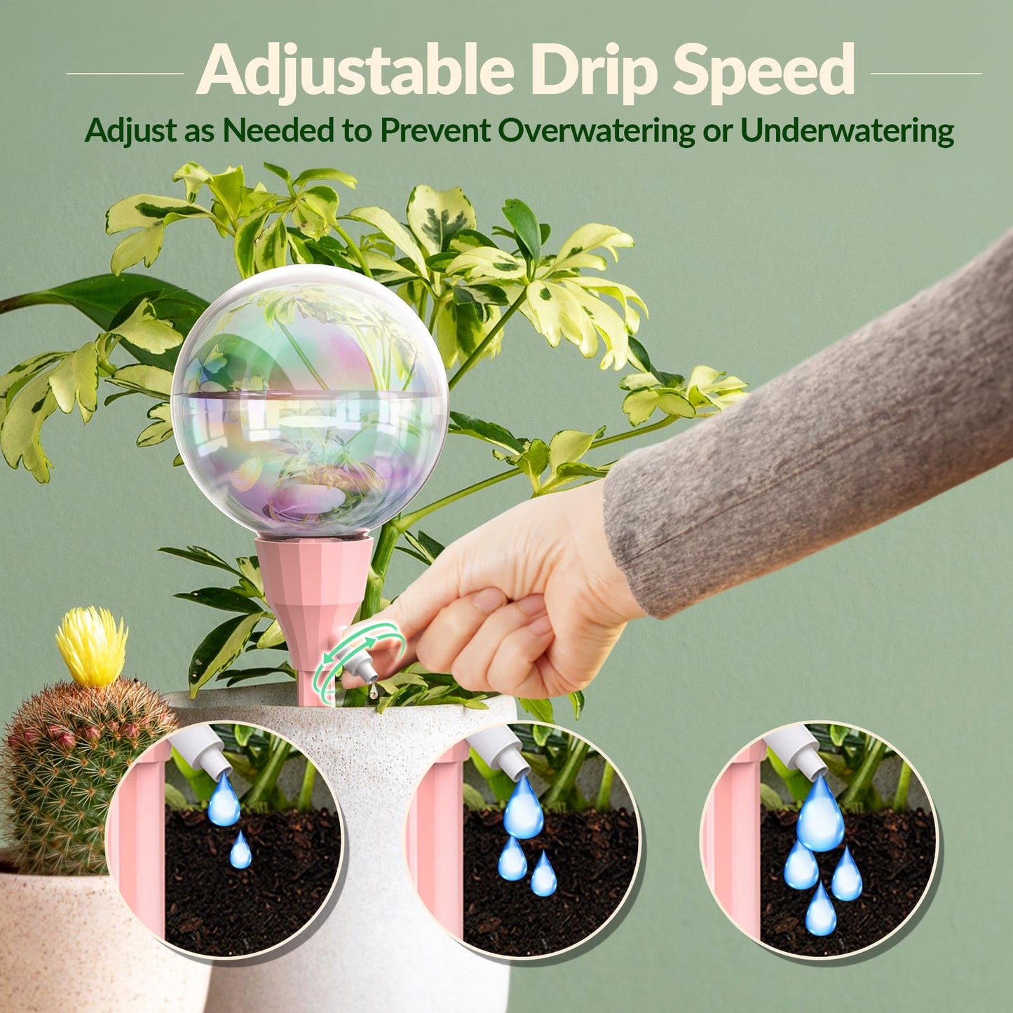 NiHome 2PCS 16OZ Plant Self-Watering Drippers with Adjustable Flow Control, Long-Lasting Automatic Watering Globes for Indoor Outdoor Plants, Tulip Shape Design for Small to Medium Pots (Pink + Green)