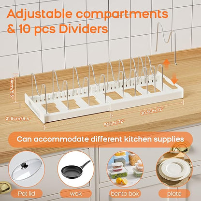 Nigelia 2 Pack Pots and Pans Organizer for Under Cabinet, 22" Expandable Food Storage Container Lid Organizers with 10 Adjustable Dividers Pot Lid Holders Rack Inside Cabinet&Kitchen Countertop(Black)
