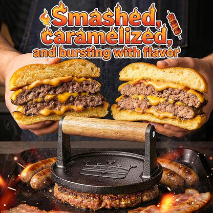Smash Burger Press 6.5”, Includes 20 Pcs of Baking Paper, Cast Iron Flat Round Edge Grill/Bacon/Meat/Hamburger/Chef Press with Wood Handle, Hamburger Press Patty Maker for Griddle Accessories