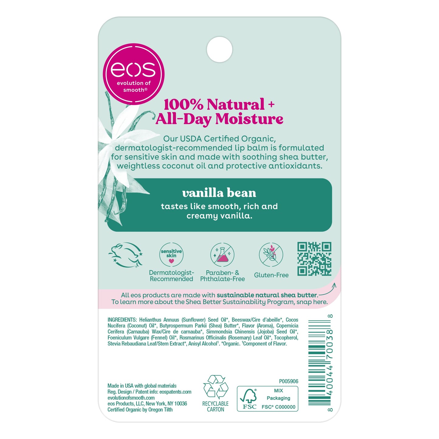 eos 100% Natural & Organic Lip Balm- Strawberry Sorbet, All-Day Moisture, Dermatologist Recommended for Sensitive Skin, Lip Care Products, 0.25 oz
