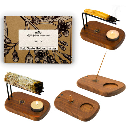PLEARTY 4 in 1 Walnut Wood Palo Santo Holder Hand-Crafted Incense Sticks Holder for Burning Sage with Booklet The Most Complete Palo Santo Holder for Your Meditation Room Home Decor Gift