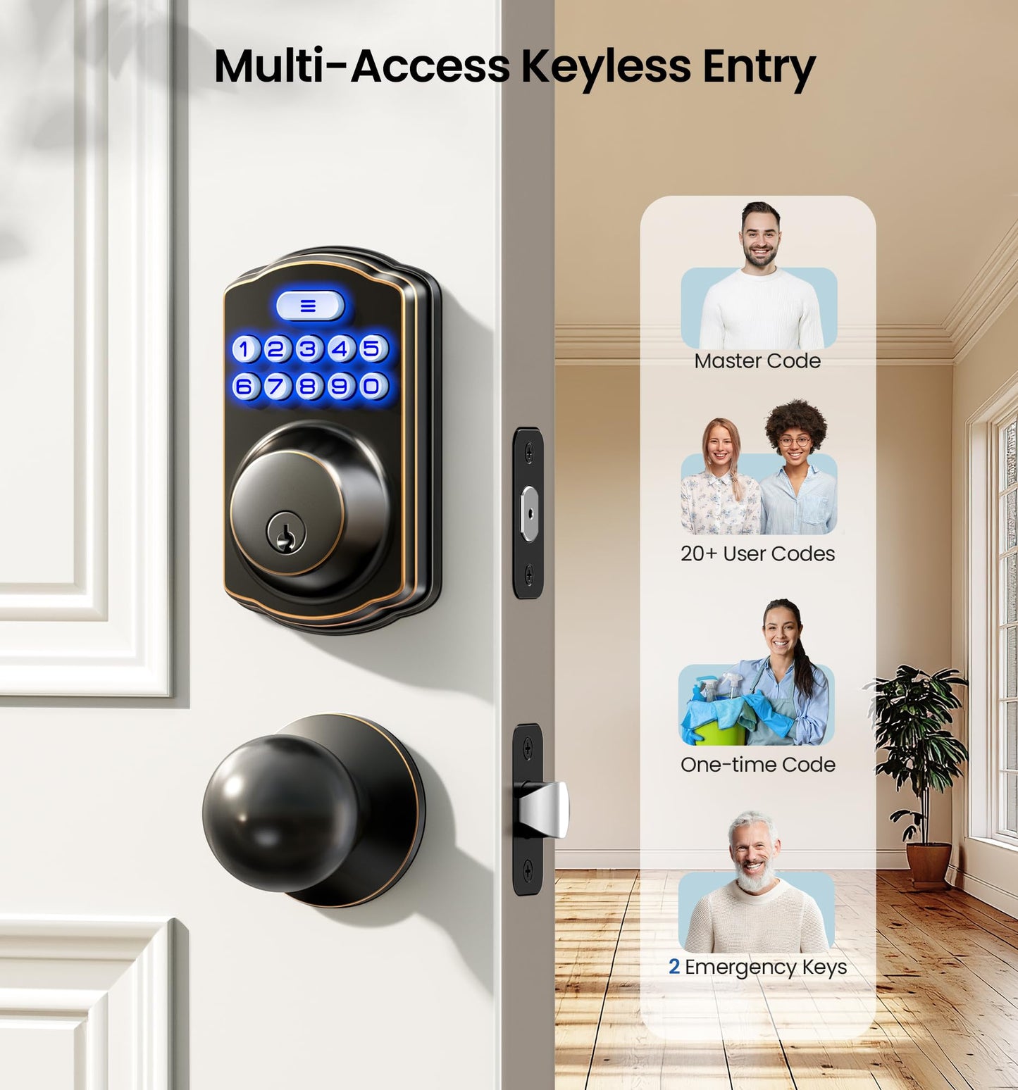 Veise Keyless Entry Door Lock with 2 Knobs, Electronic Backlit Keypad Deadbolt with Handle Set, Auto Lock, One-time Codes, Smart Deadbolt for Front Door, Easy Installation, Matte Black