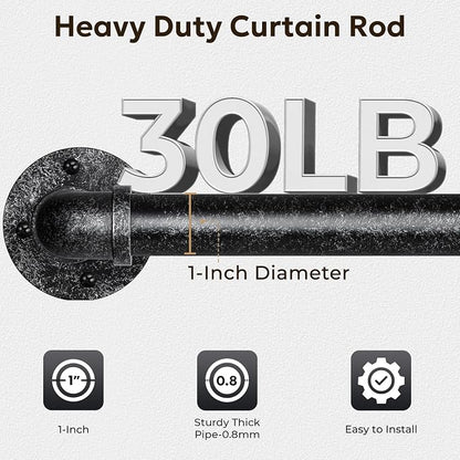 Zeerobee Curtain Rods for Windows 72 to 144, 1 Inch Industrial Wrap Around Vintage Black Curtain Rod, Indoor/Outdoor Room Divider Adjustable Drapery Pole, 72"-144"