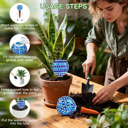 VOREEN Blue Mosaic Self Watering Globes 2 Pack, 500ml Handmade Glass Terracotta Plant Spikes, Automatic Self Watering Devices for Indoor Outdoor Pots, Decorative Water Saver Gift for Garden Lovers