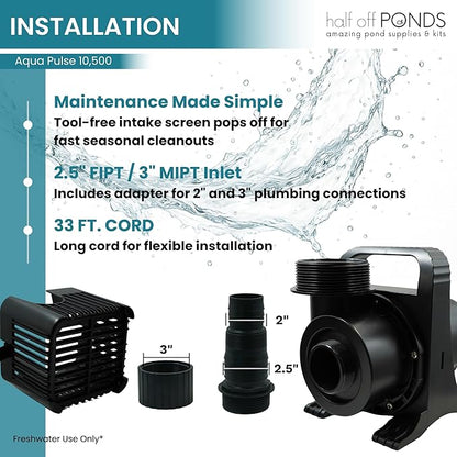 HALF OFF PONDS Submersible Water Pump, 10,500 GPH Pond Pump with 33FT Power Cord and 27 FT Max Head, 620W Ultra Quiet Energy Efficient Pump for Koi Pond, Fountain, Waterfall, Water Garden, Skimmer