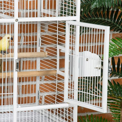 PawHut 55" Large Parrot Cage with Toy Hooks Above Top Bird Perch, Tray, Food Cups, Rolling Stand, Bird Cage for Cockatiels, Parakeets, Lovebirds