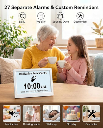 11.5 Inch Extra Large Digital Talking Clock with 27 Alarms, Auto DST, Talking Time, 20 Custom Reminders, 10-Level Auto Dimmer, Day Date Calendar Clock for Seniors Dementia Alzheimers, with Remote
