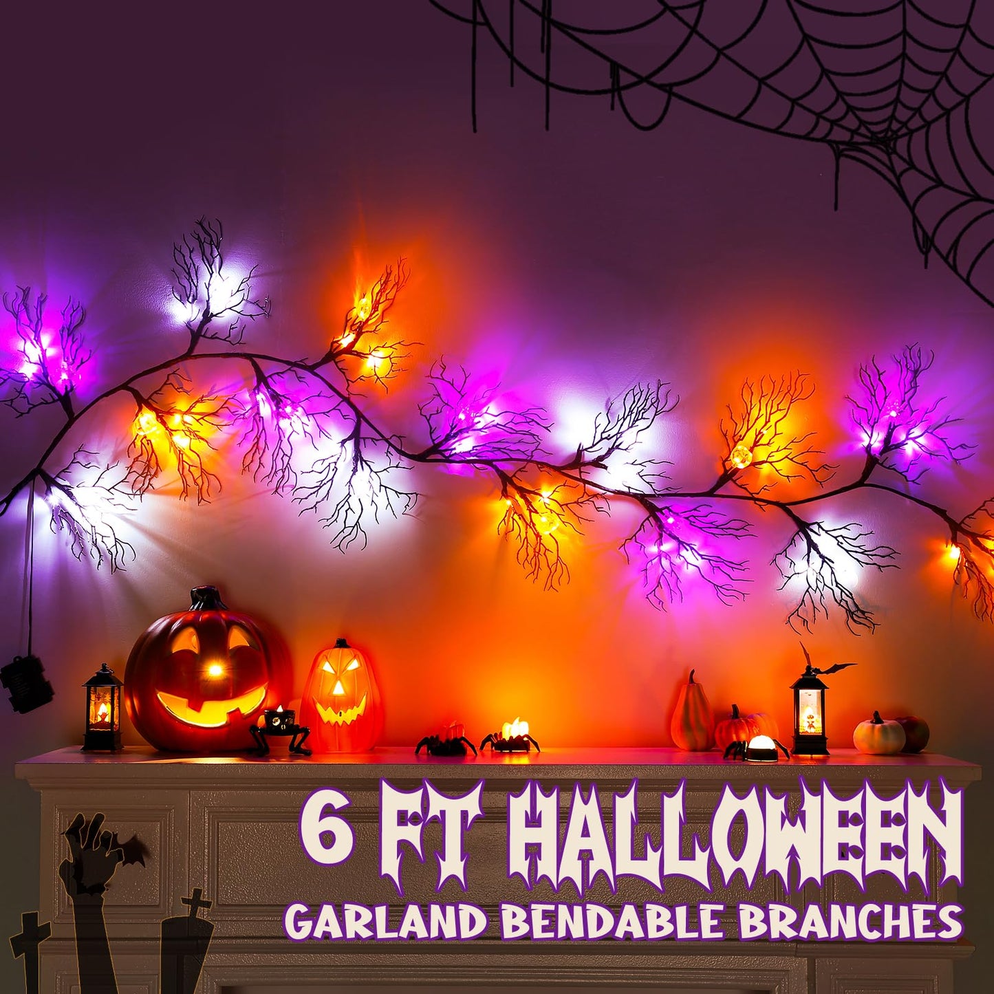 Joyhalo Halloween Garland with Lights Decorations with Pumpkin & Bat & Ghost Lights,Battery Operated 6FT 45 LED Halloween Willow Vine Twig Garland for Mantle,Wall,Fireplace and Halloween Decorations