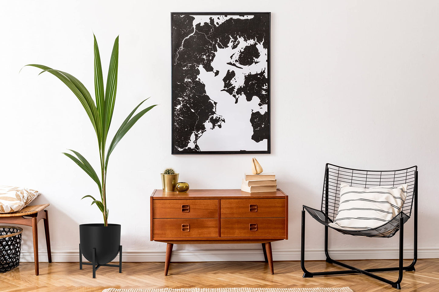 Olly & Rose Plant Pot with Plant Stand - Metal Plant Pots Indoor Planter 22cm Large Flower Pot (Black)
