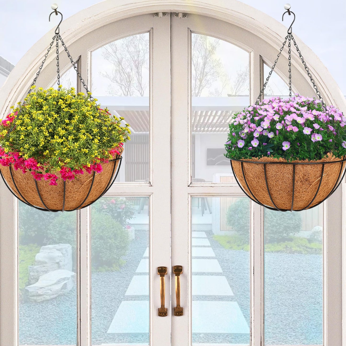 HKZ Hanging Basket Planter Plants Outdoor - 4 Pack 10 Inch Metal Hanging Planter with Coco Liners, Chain Hook Hanging Flower Pots for Indoor Outdoor Garden Porch Decoration
