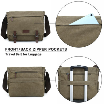 Dasein Large Vintage Canvas Messenger Shoulder Bag, Army Green, 15in Laptop Capacity