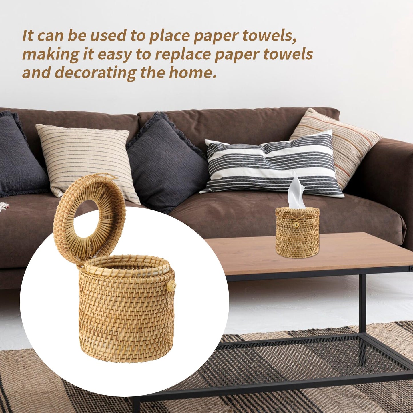 Risbay 1PCS Rattan Round Tissue Box Cover Tissue Box Holder Decorative Woven Facial Tissue Holder