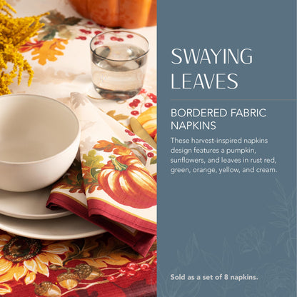 Elrene Home Fashions Swaying Leaves Bordered Fall Napkins, Seasonal Dinner Napkins for Formal or Everyday Use, 17" x 17", Set of 8