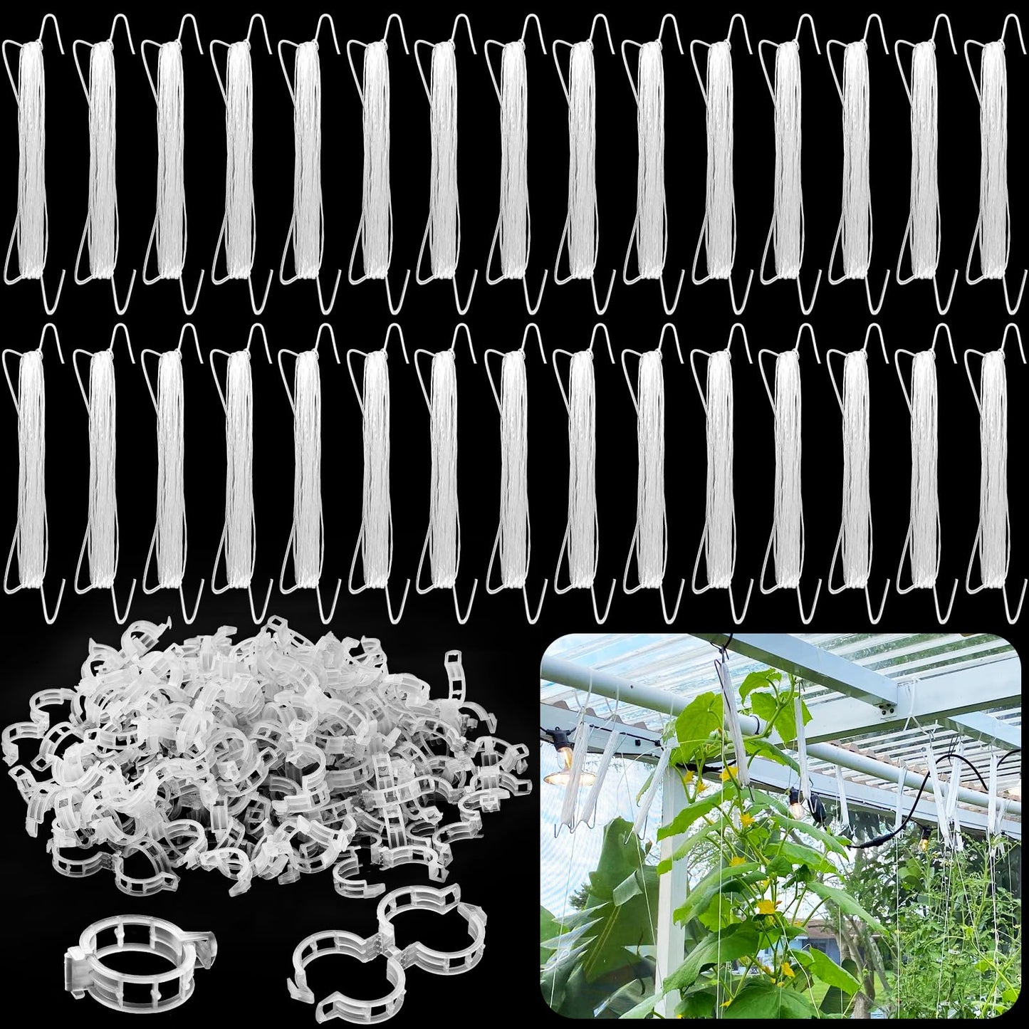 OJYUDD 130 Pcs Tomato Hooks with String,Tomato Holder Hooks with 32.8ft Twine & Plant Support Clips,Climbing Plants Support Hooks for Vegetable Plant Fruit Flower