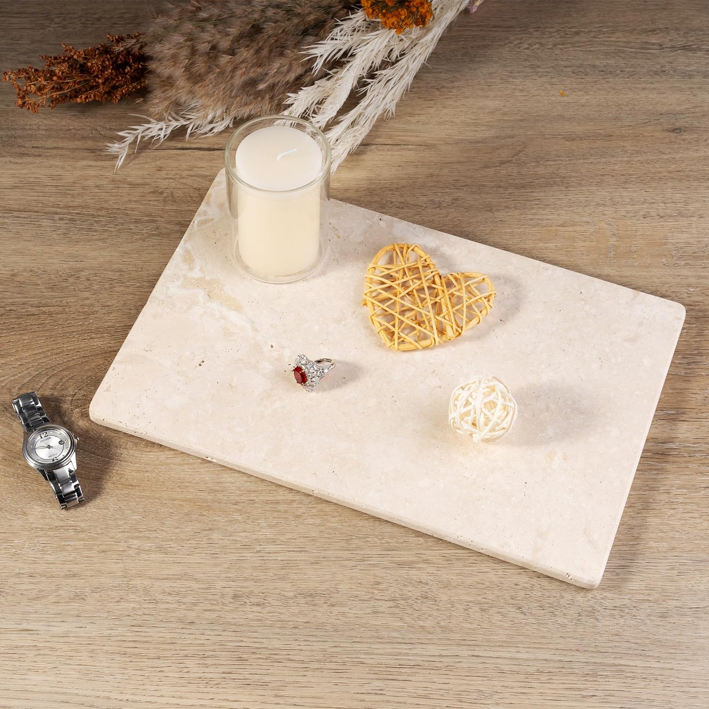 Italian Natural Travertine Tray, 12" x 8" Vanity Decorative Marble Tray for Jewelry, Ring Holder, Perfume Organizer Candle Tray for Bedroom/Bathroom/Kitchen Countertop