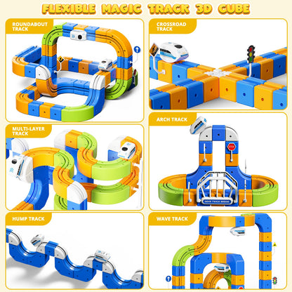 Fortand Electric Train Set for Kids 3 4 5 6 7 8, 225PCS(80 Track +2 Train) 3D Infinity Flexible Anti-Gravity Cube Trains Track STEM DIY Railroad Building Toy, Birthday Gifts for Boys & Girls Ages 3-8